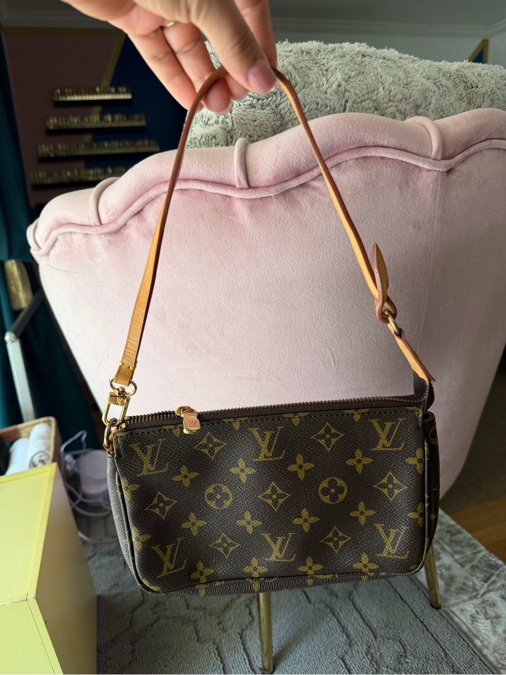 Louis Vuitton Monogram Canvas Shoulder Pochette in Brown with Tan Strap